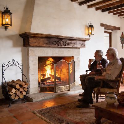 Malla para Chimenea a Leña Curva Bronce Anticado con Cenefa