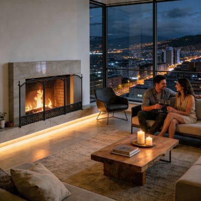 Malla para Chimenea a Leña Curva Negra con Cenefa